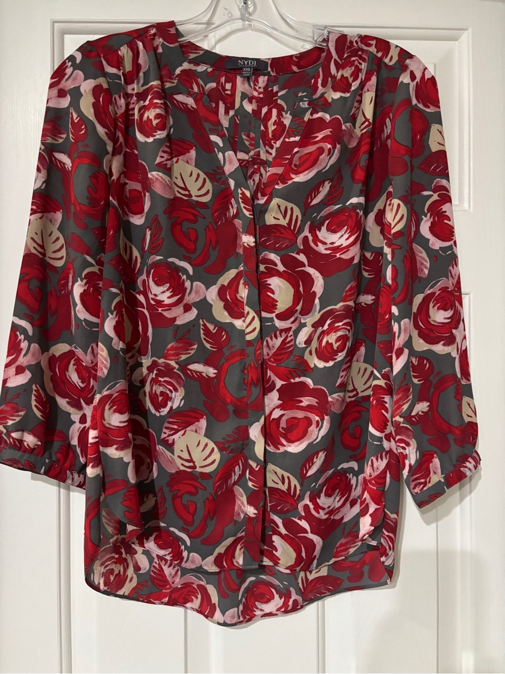 NYDJ Gray Red Floral Split Neck Blouse - Size XXS